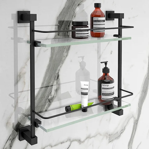 Arezzo Matt Black Modern Double Glass Shelf 4 Arezzo Matt Black Modern Double Glass Shelf - Image 2